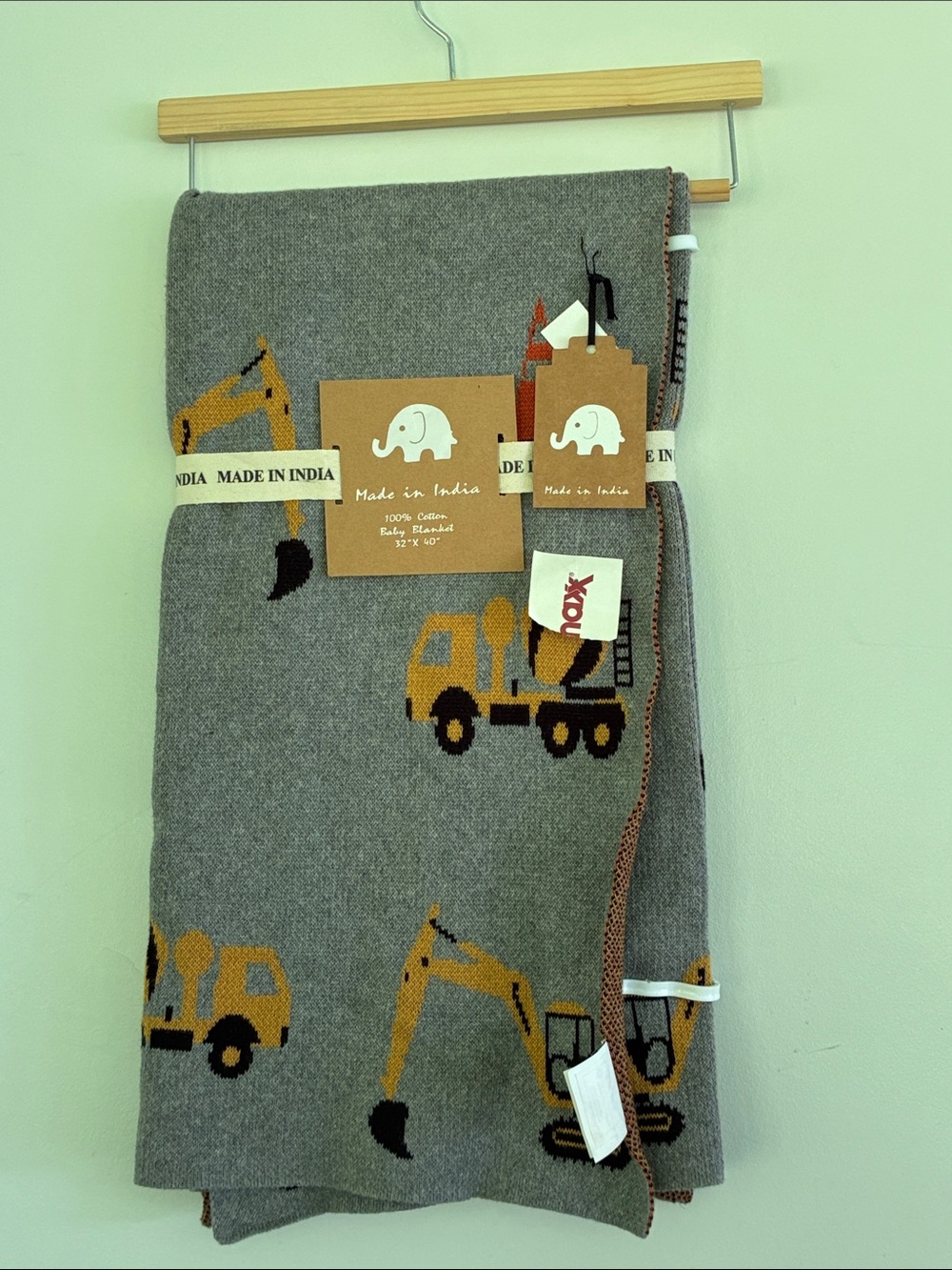 Made in India Gray Kids Construction Blanket with Yellow Excavator Print